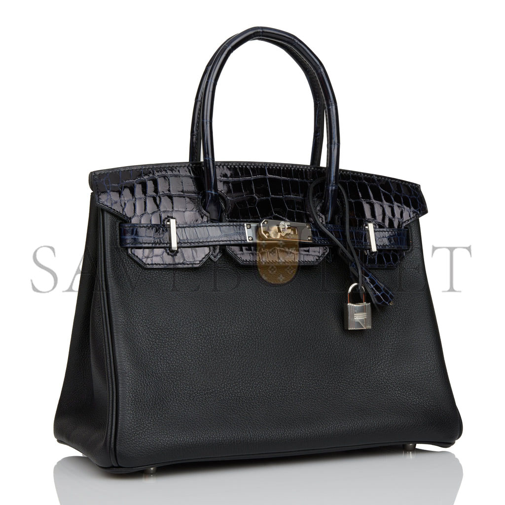 HERMES BIRKIN 25 BLEU MARINE SHINY NILOTICUS CROCODILE PATTERN AND BLACK NOVILLO TOUCH PALLADIUM HARDWARE (25cm)