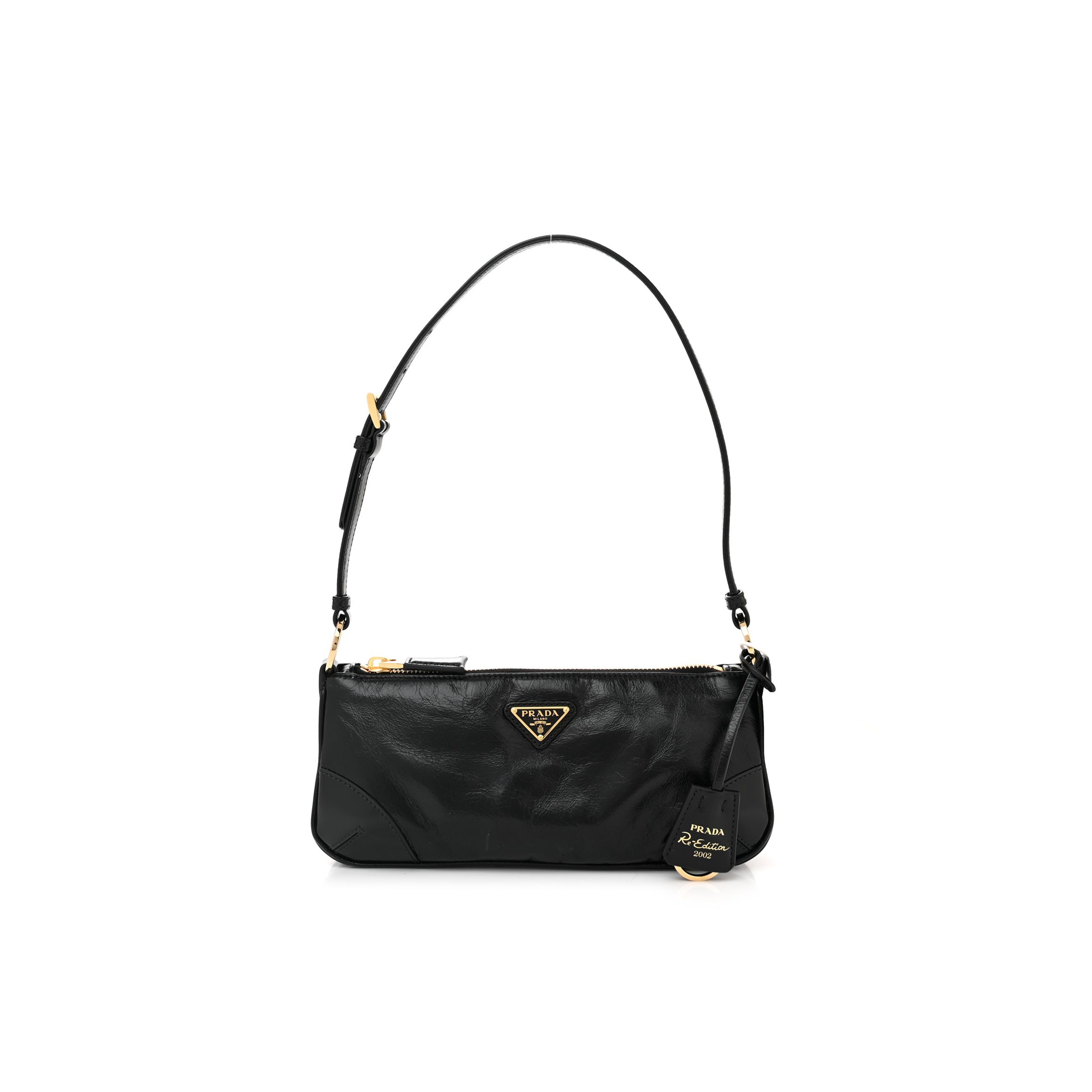 PRADA VITELLO SHINE BRUSHED CALFSKIN RE-EDITION 2002 SHOULDER BAG BLACK (24*10*6cm)