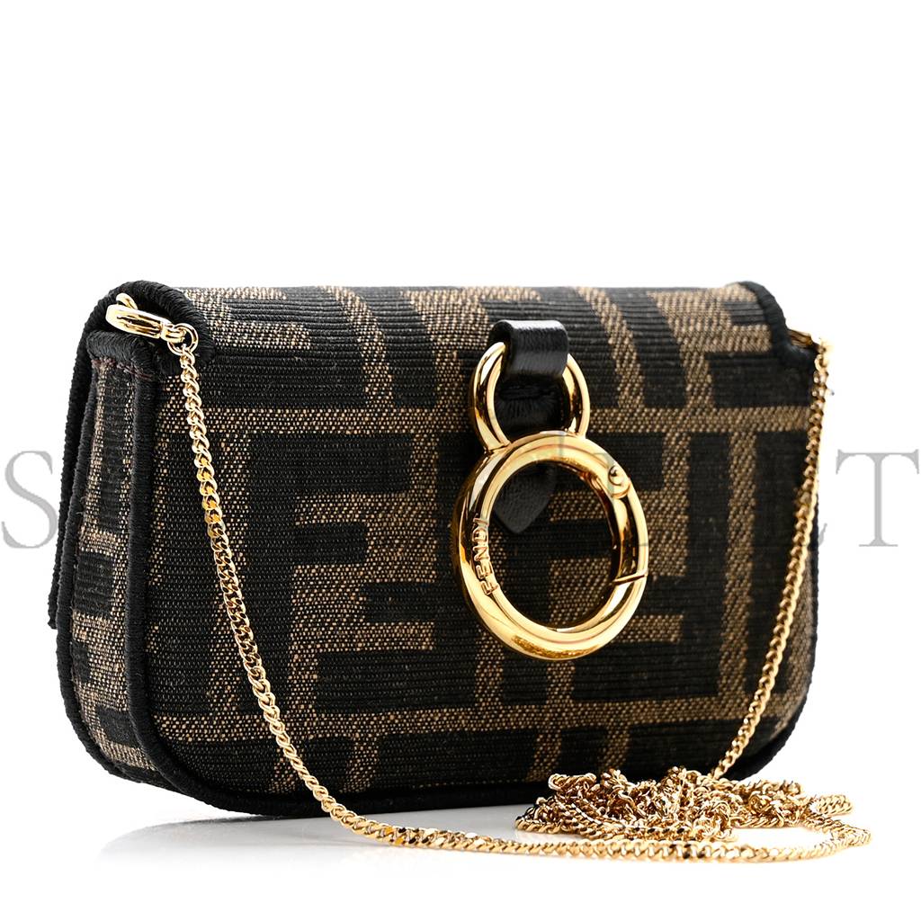 FENDI FABRIC JACQUARD FF 1974 NANO BAGUETTE CHARM TOBACCO MORO BLACK (10*6*3cm)